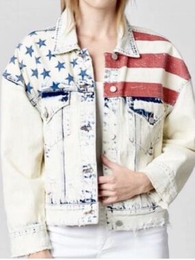 Blank NYC Distressed Flag Denim Jacket in Cream, Red & Blue
